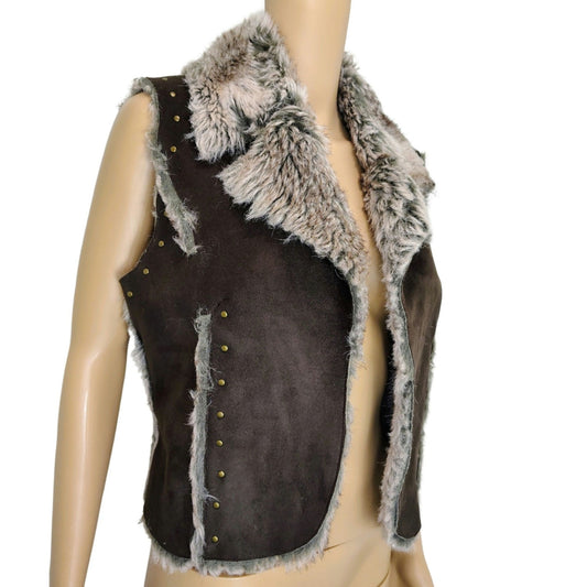 Faux Fur Mocha Brown Vegan Leather Lined Patchwork Studded Vest Size Large
