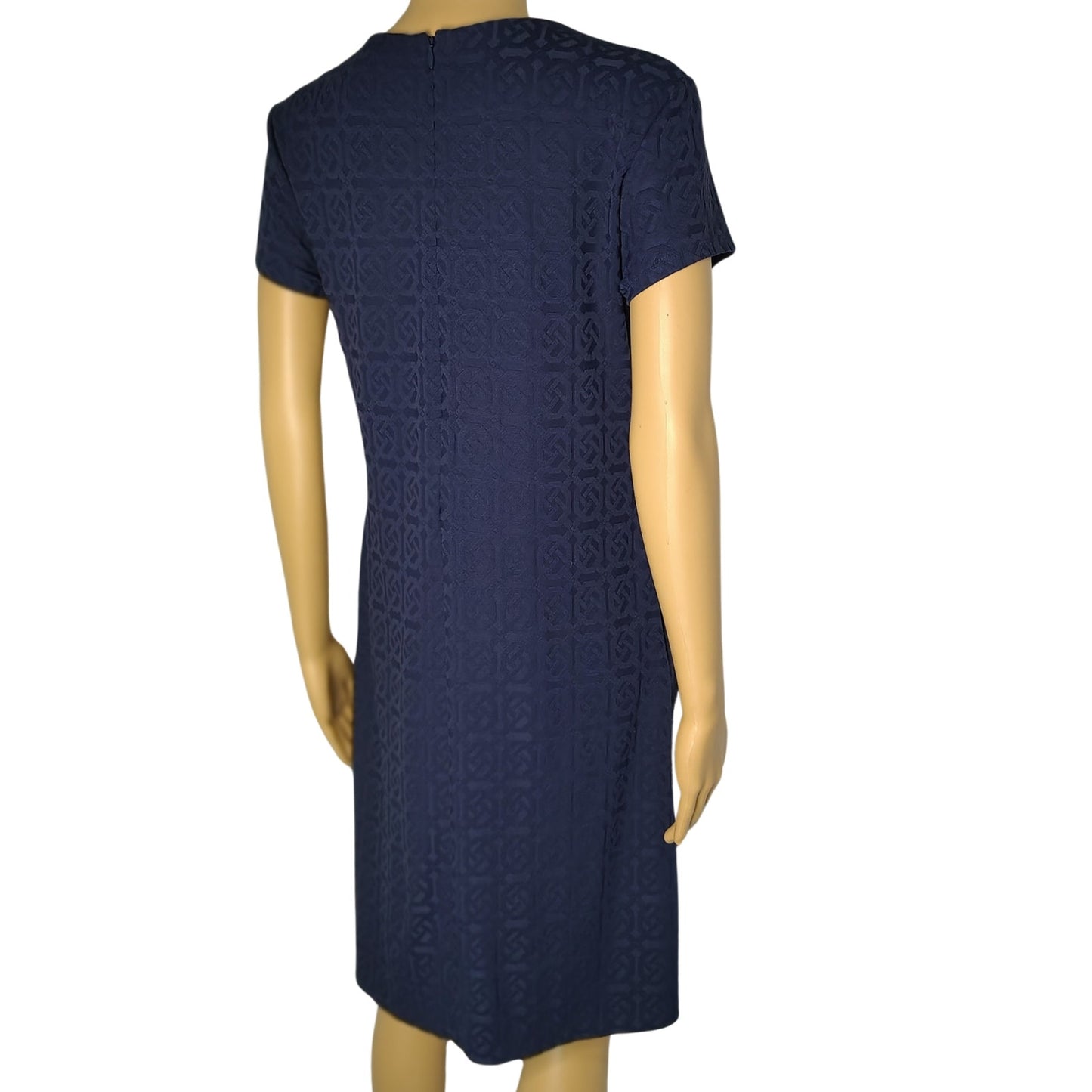 J. McLaughlin Swing Dress in Knot Print Jacquard Short Sleeve Navy Blue Size Small