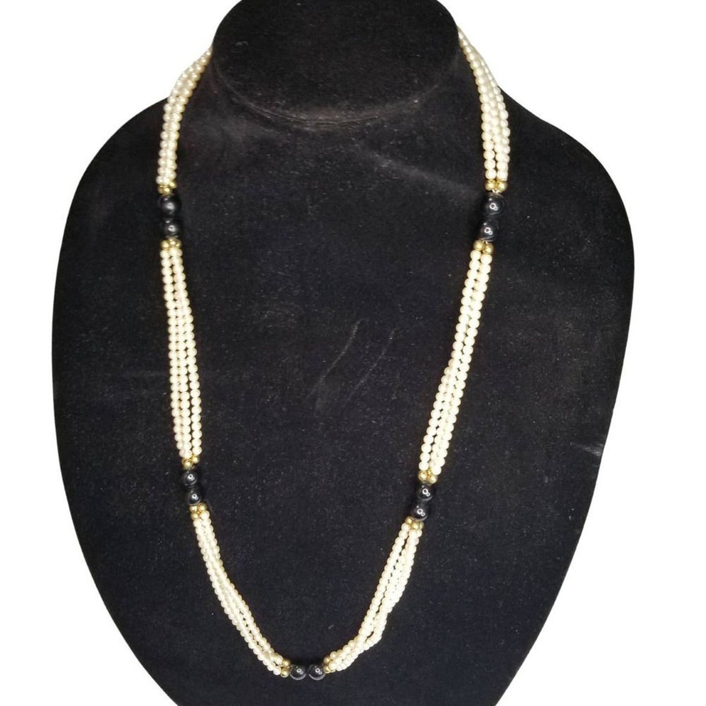 VINTAGE THREE STRAND DESIGN PEARL NECKLACE Long Black Bead Accents Gold Tone 29"