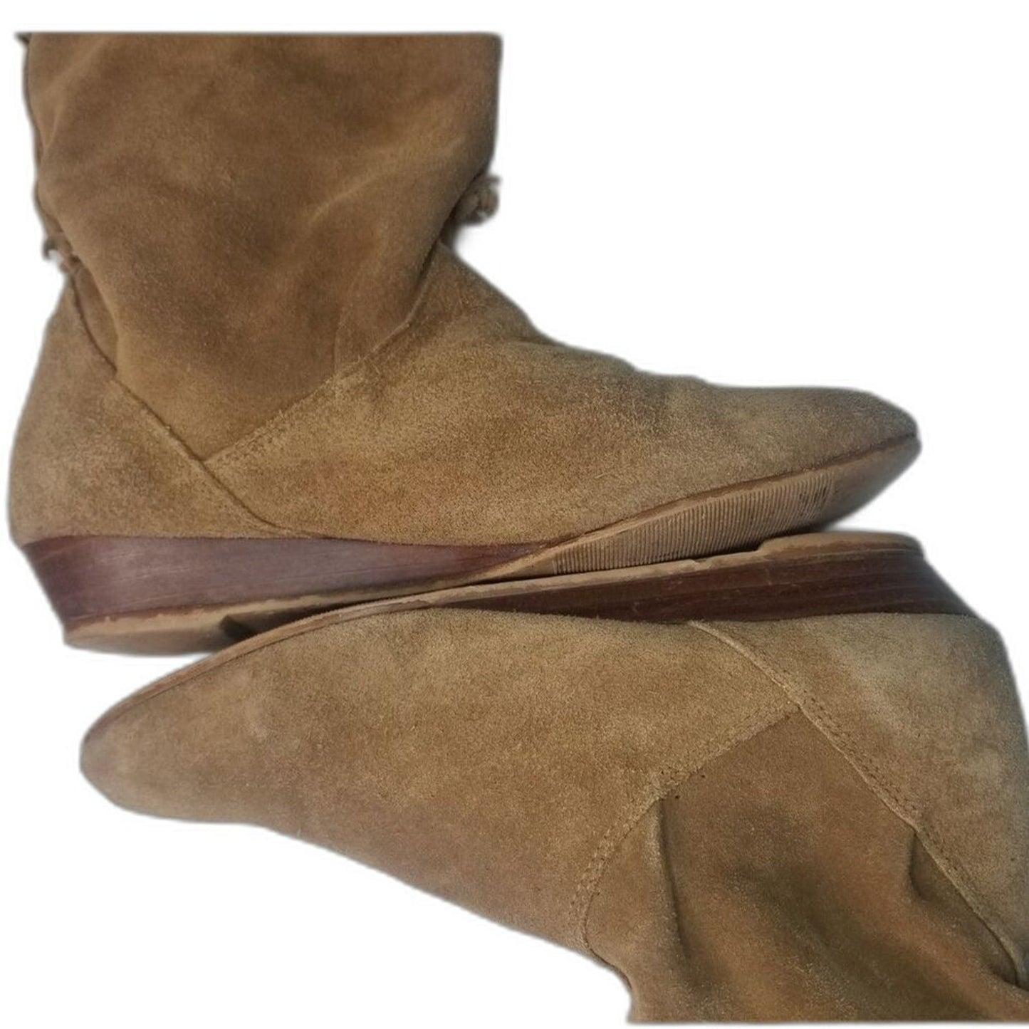 1980s Vintage Brown Suede Folded Slide On Slouch Wide Leg Almond Toe Boots 7M