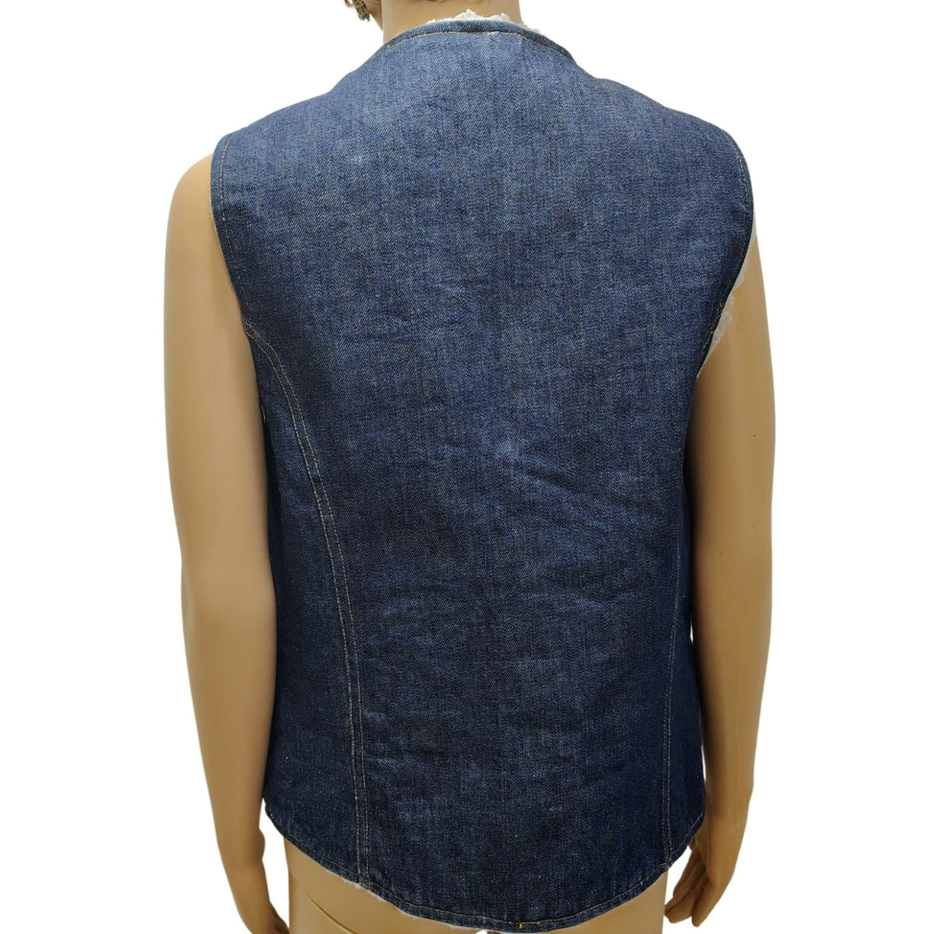 60s Indigo Blue Denim Western Sherpa Vest Seams Brass Snaps Closure Pockets SZ M