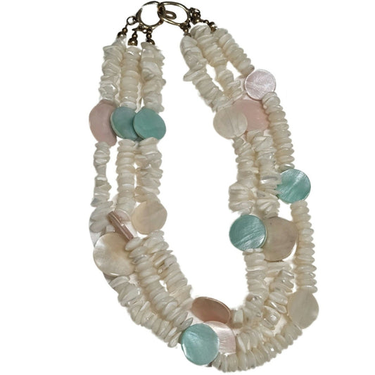 Vintage White Blue Pink Cream Triple Layered Puka Shell Mother of Pearl Necklace