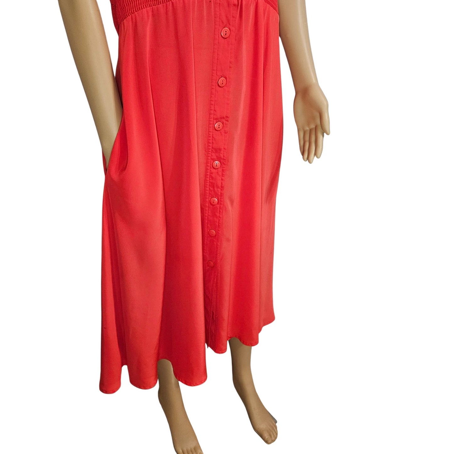1990s Raoul Tomatoe Red Ruched Waist Short Sleeve Button Up Collar Dress Size 8