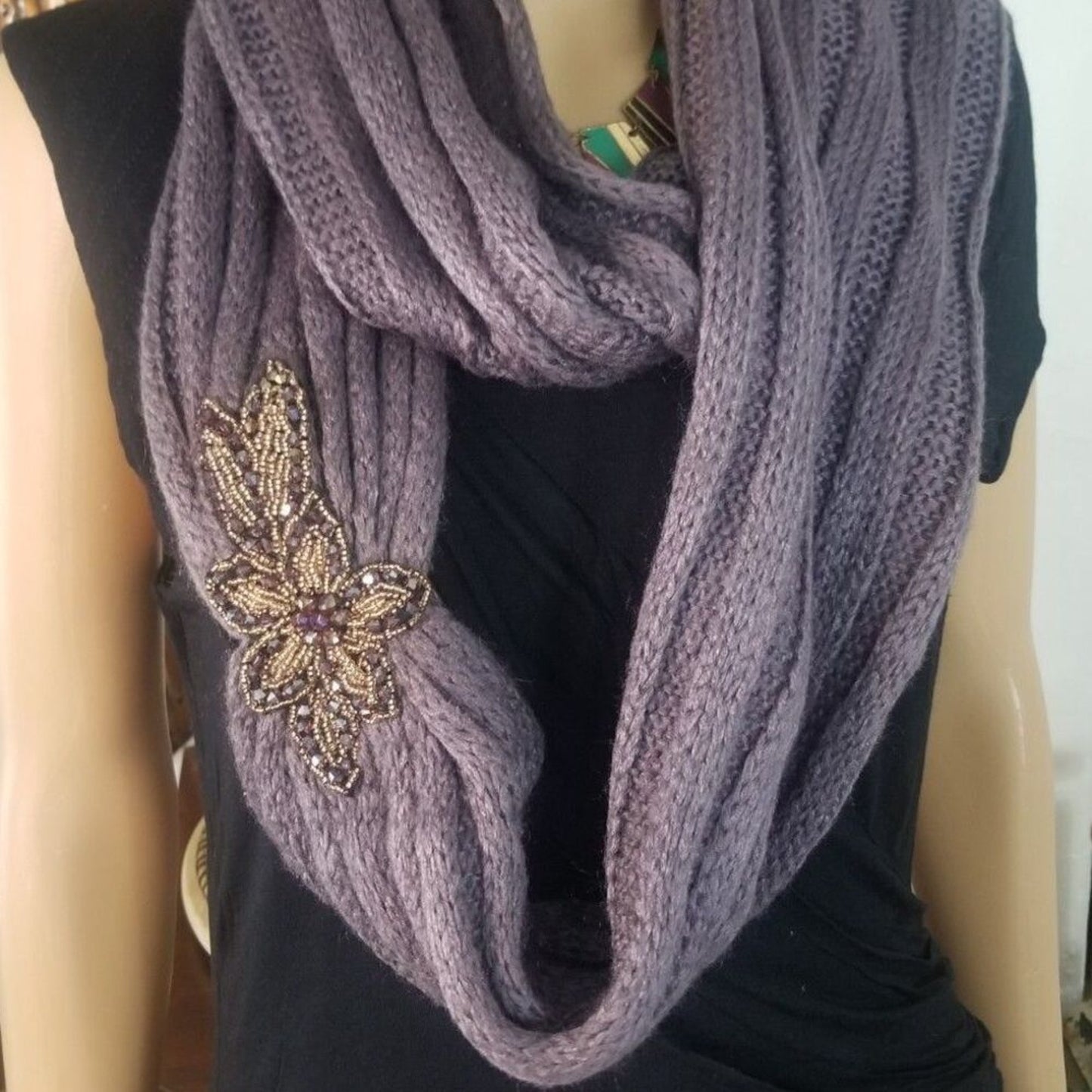 Thick Soft Knit Floral Motif Beaded Flower Applique on Purple Knit Circle Scarf