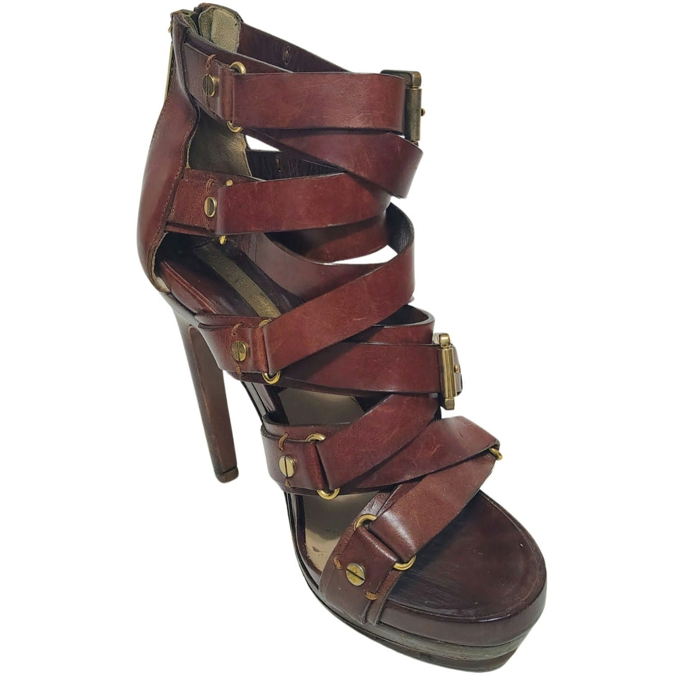 Michael Kors Collection Extreme Strap Brown Leather Platform Gladiator Size 9.5