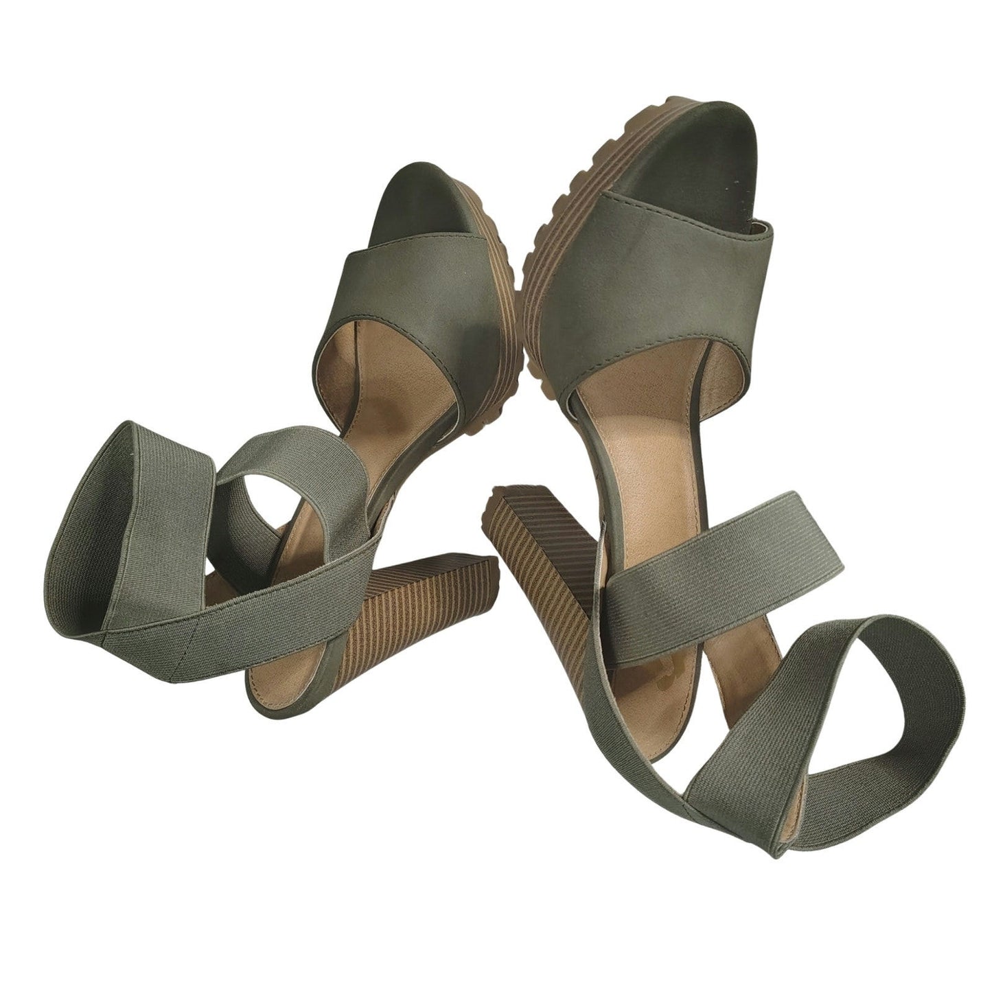 Forest Green Platform Strappy Elastic Sandals Traction Bottoms Block Heel Size 7
