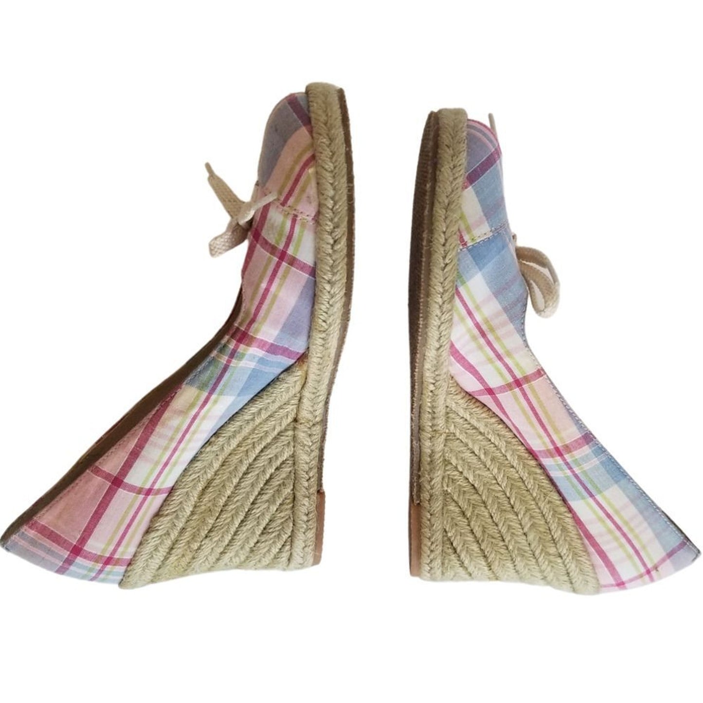 Pink Plaid Wedge High Heels with Bowtie Espadrilles Round Toe Heels Size 7