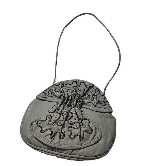 80s Gray Leather Ruched Round 2-IN-1 Crossbody Maxi Clutch Handbag Silver Studs