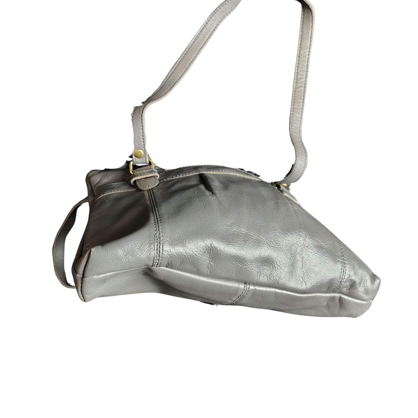 Gray Pleated Leather Vintage Shoulder Bag Two Handles Zip Top Purse 10.5" x 7.5"