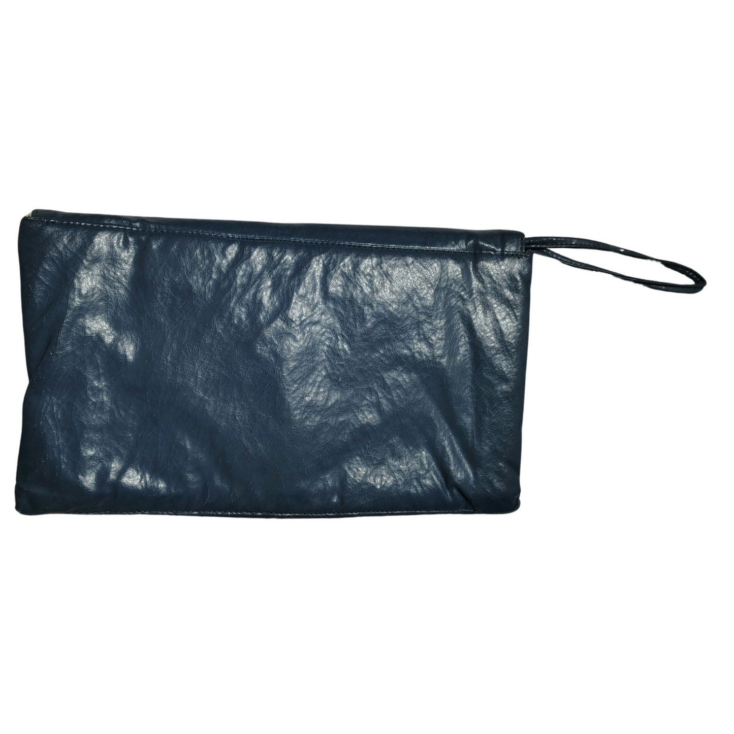 70s Maxi Clutch Blue Faux Leather Vegan Crinkle Leather Wristlet Two Compartment