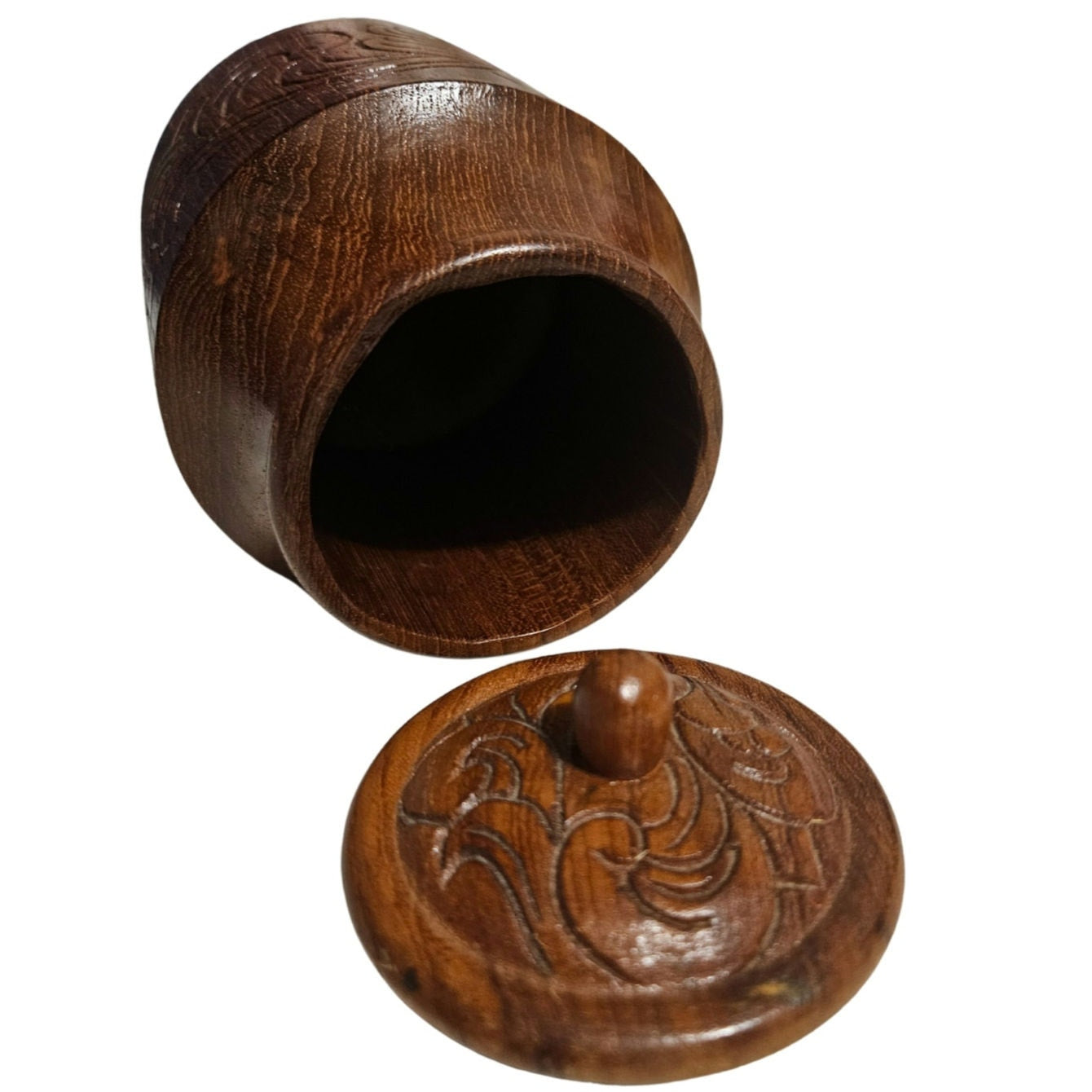 1960s Teak Wood Hand Carved Tea Canister With Lid Round Container Tiki Jar