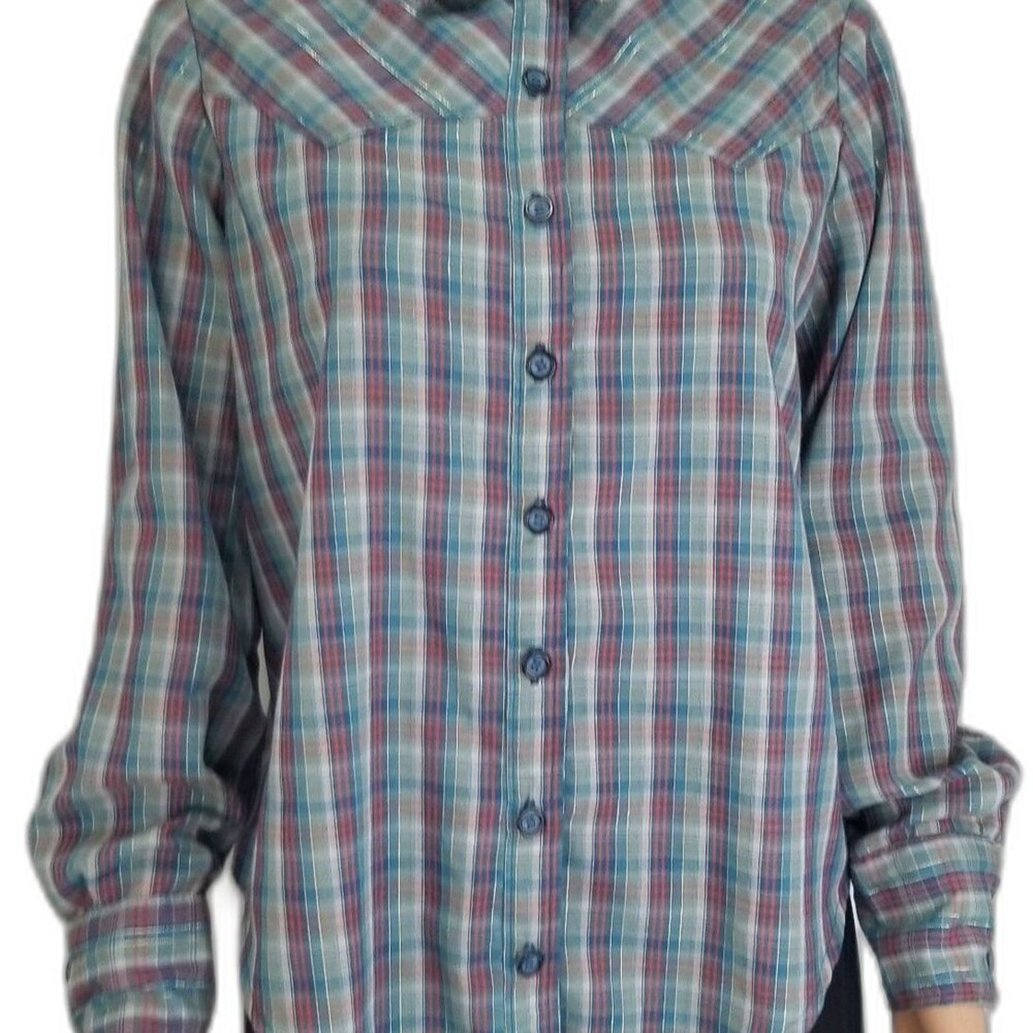 Metallic Shimmer Blue Vintage Western Cowboy Cowgirl Plaid Button Up Shirt Med