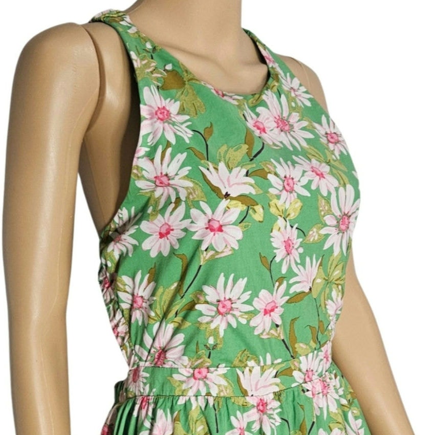 Storia Green Maxi Dress Pink Daisies Crisscross Strappy Top Open Back Size Large