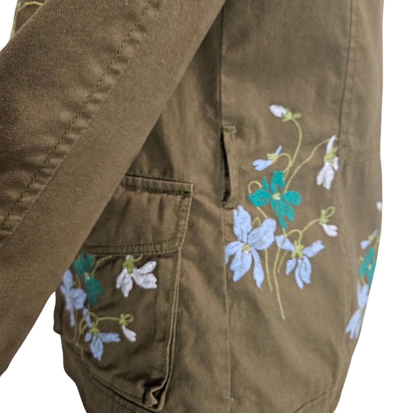 Olive Embroidered Floral Belted Zip Up Utility Standing Collar Jacket Size Medium