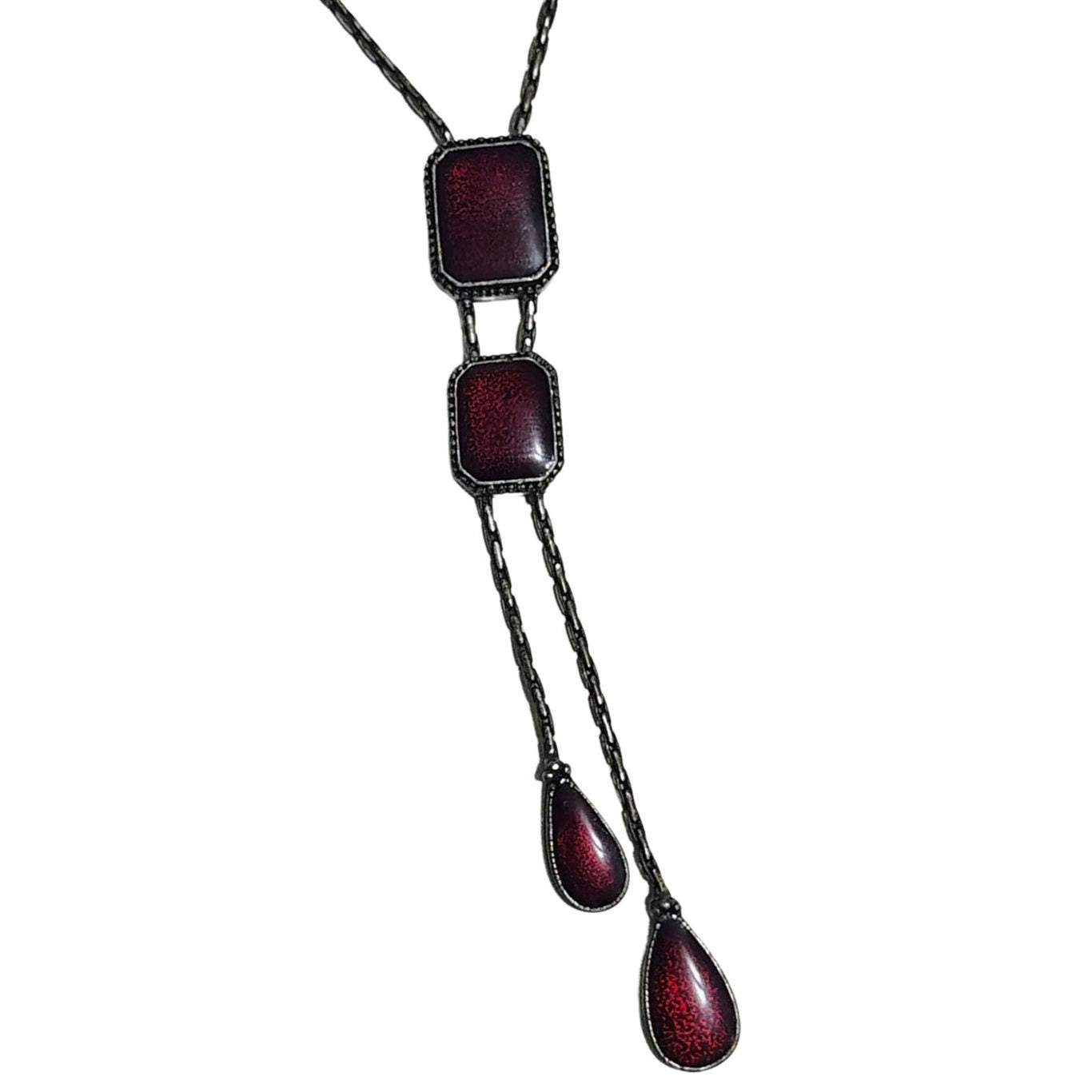 1980s Red Enamel Square Y Style Tear Drop Dangling Statement Silver Necklace