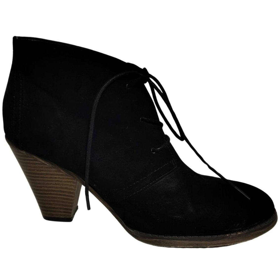 Mia Shayna Lace Up Ankle Bootie Black Faux Suede Wood Stacked Heel Size 9M Women