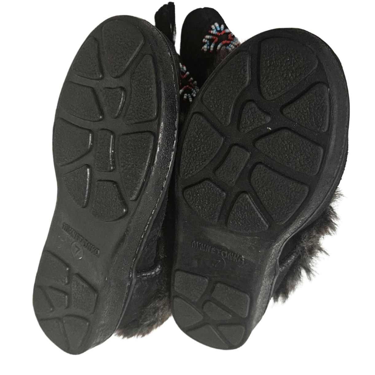 Minnetonka Mukluk Bead Detail Black Genuine Suede Leather Faux Fur Size 7 Womens