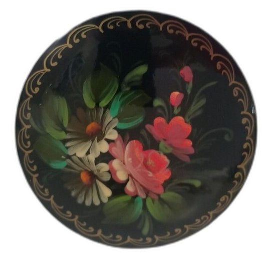 Eastern European Black Lacquer Floral Hand Painted Round Brooch