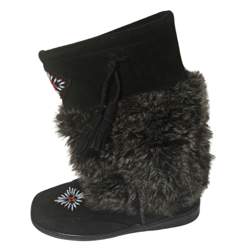 Minnetonka Mukluk Bead Detail Black Genuine Suede Leather Faux Fur Size 7 Womens