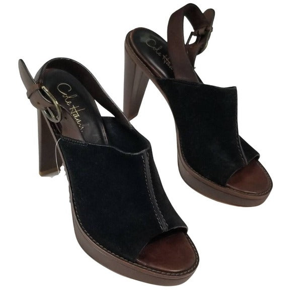 Open Toe Mule Wood Platform Nike Air Cole Haan Collab Black Suede Heels Size 10