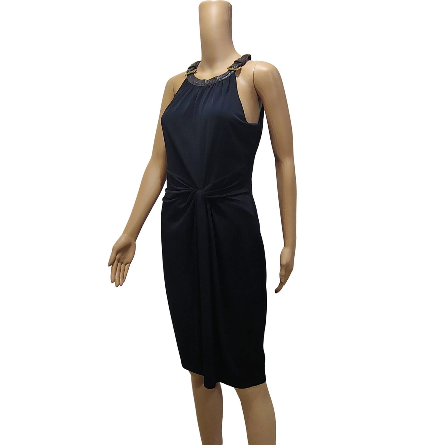 Halter Brown Leather Collar Black Bodycon Midi Dress Ruched Michael Kors SZ M