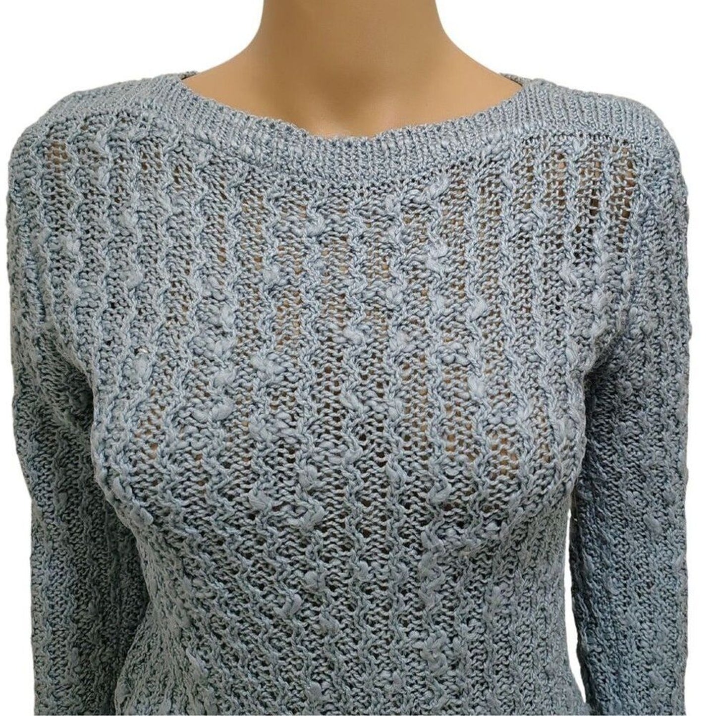 70s Vintage Blue Knit Wave Design Long Sleeve Boat Neck Fitted Sweater