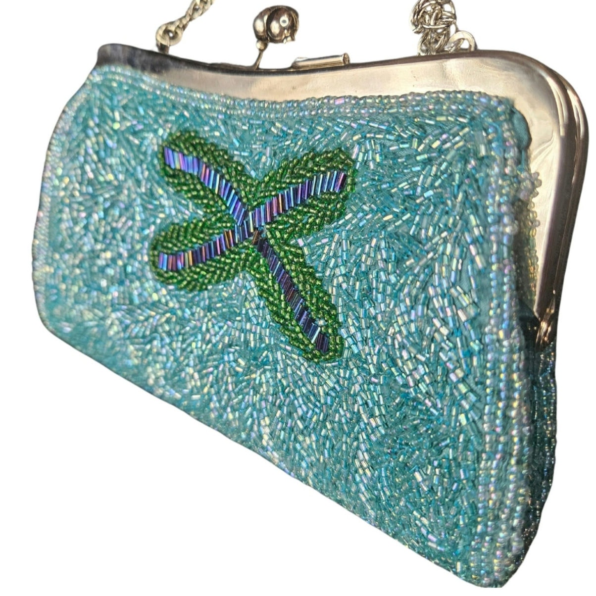 Blue Glass Beaded Butterfly Clutch Crossbody Convertible Bag Evening Formal Bags