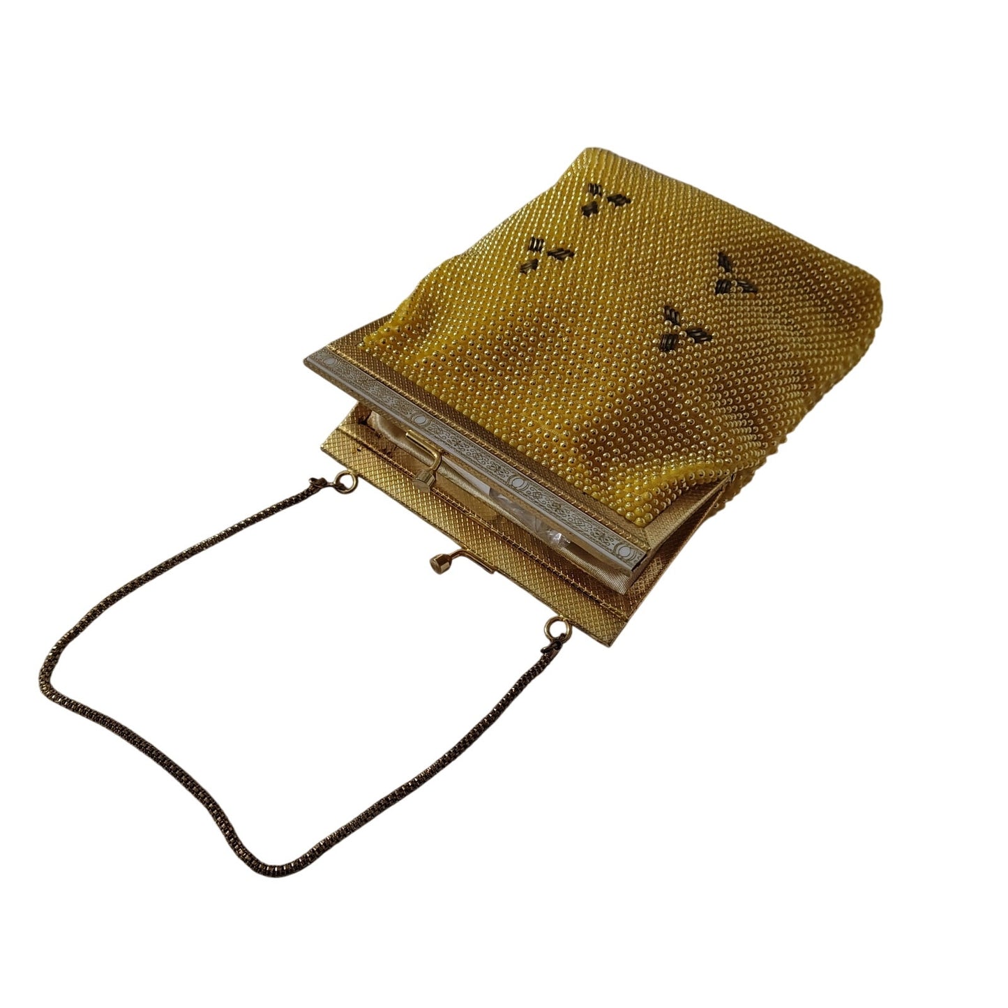 Vintage Yellow & Gold Tone Bubble Beaded Chain Handle Rectangle Evening Hand Bag