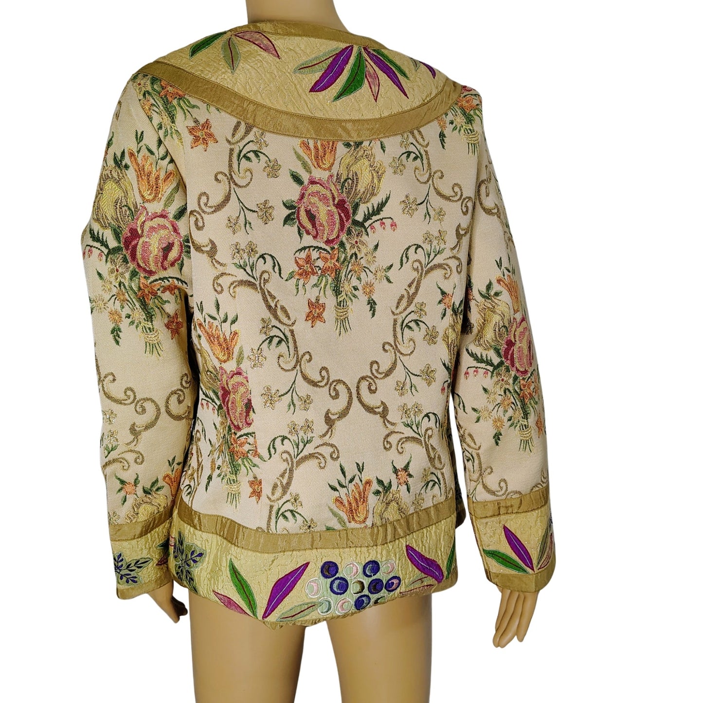 Metallic Thread Custom Beige Quilt Patchwork Floral Kimono Embroidered Size Small