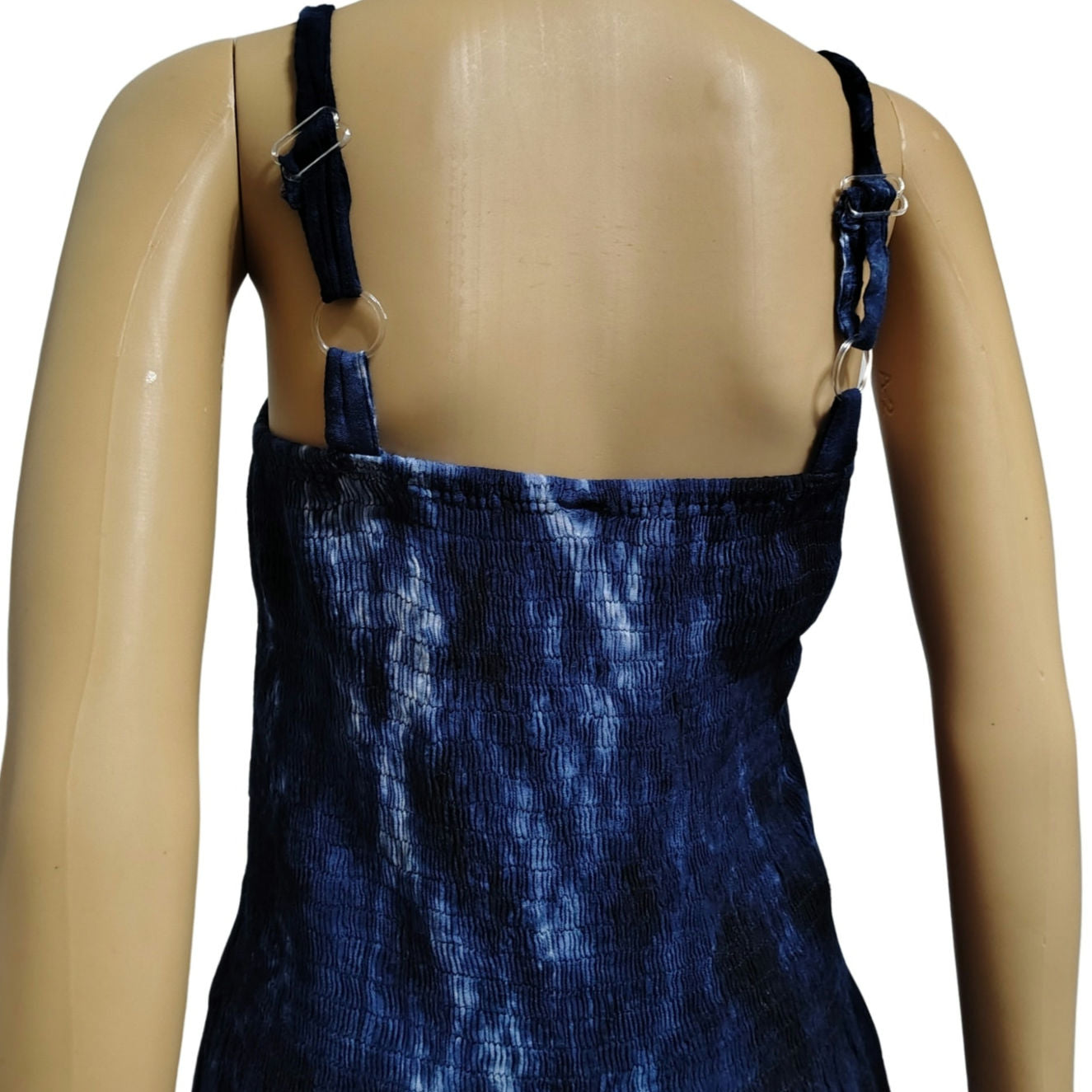 Summer Flowy Dress Blue Tye-Dye Elastic Shirred Top Uneven Hemline One Size