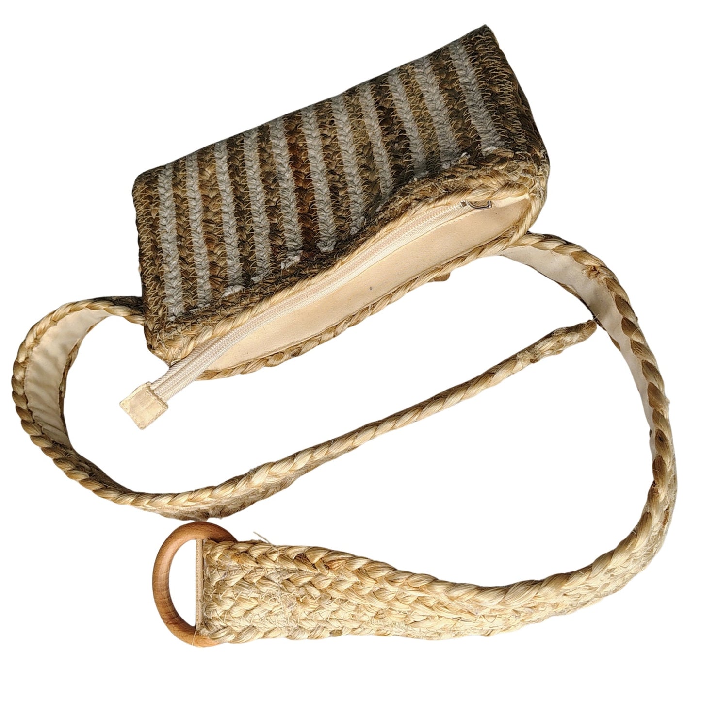 Convertible Belt Bag Fanny Pack Light Brown Cotton Jute Blend Zipper Pouch