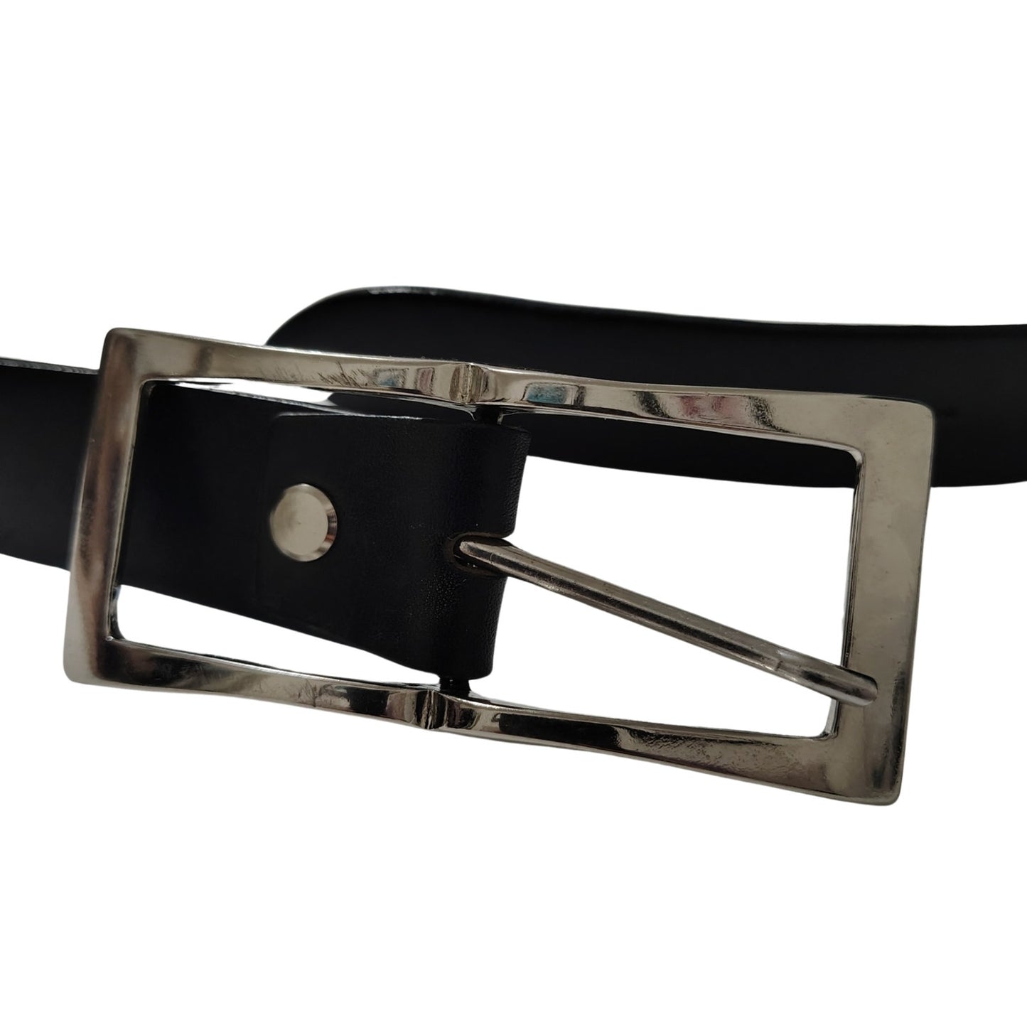 Italian Made Black Leather Belt Rectangular Silver Pull Through Buckle Size 32