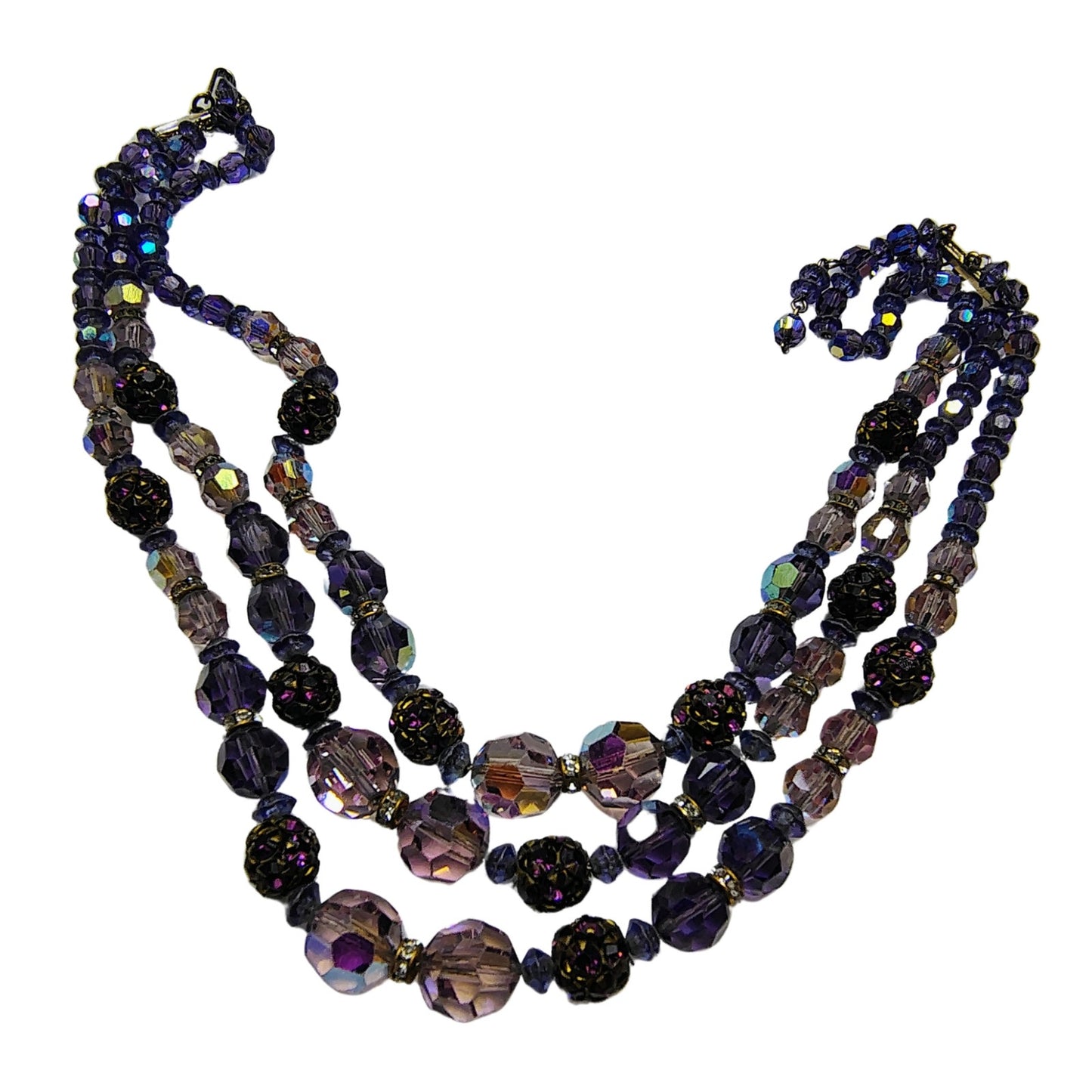 Vintage Beaded Purple Aurora Borealis Triple Strand Layered Statement Necklace