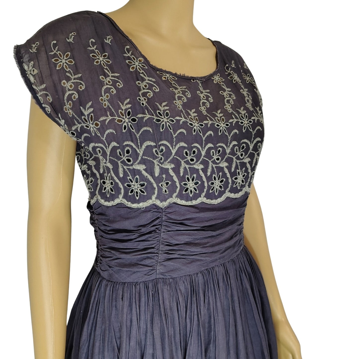 Free People Dark Purple Shirred Floral Embroidered Eyelet Dress Women's Size Small