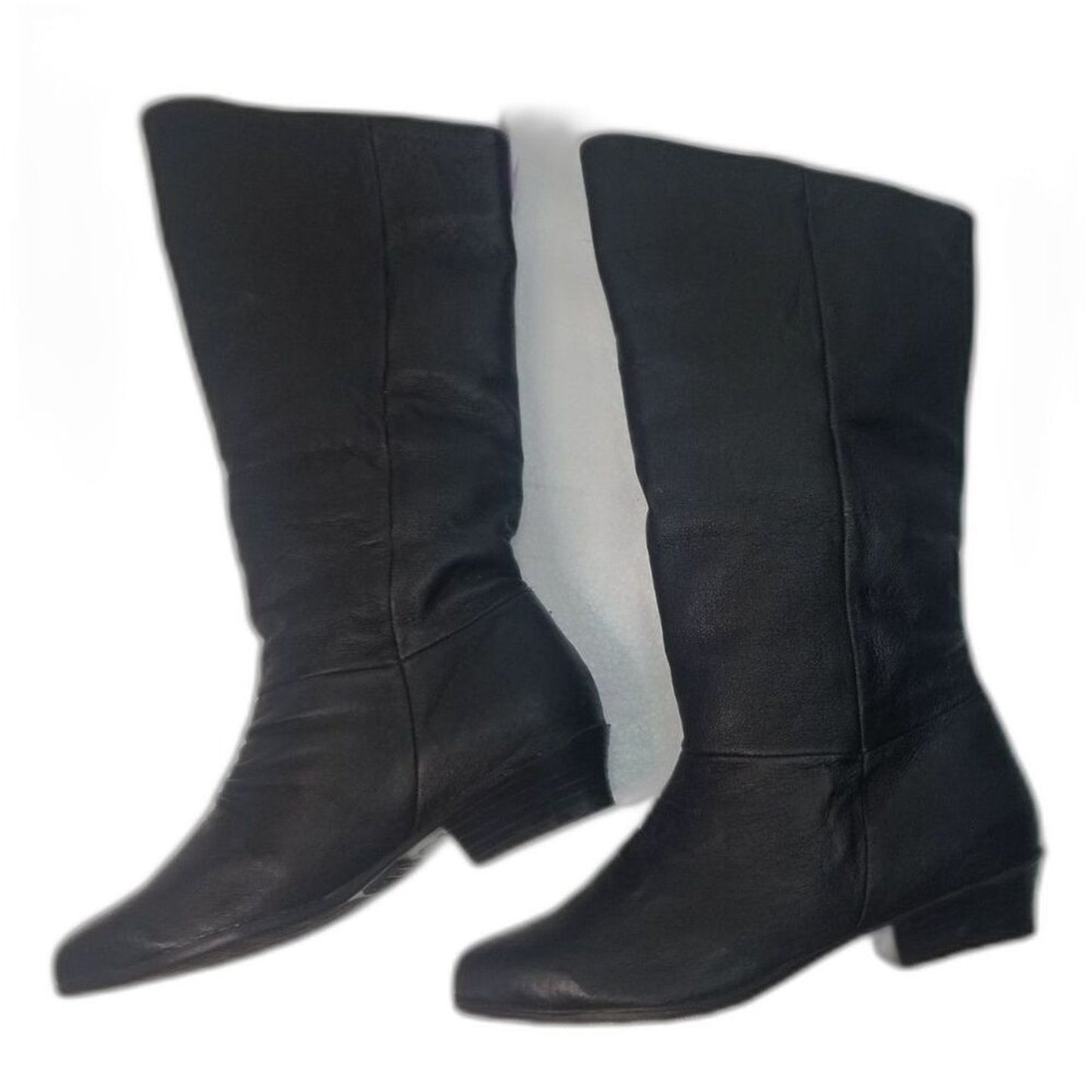 90s Vintage Black Leather Calf High Basic Editions Boots Almond Shape Toe Size 7