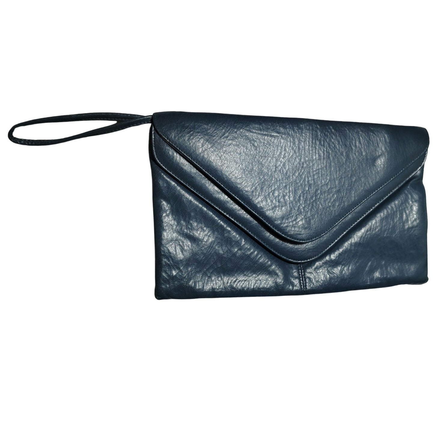 70s Maxi Clutch Blue Faux Leather Vegan Crinkle Leather Wristlet Two Compartment