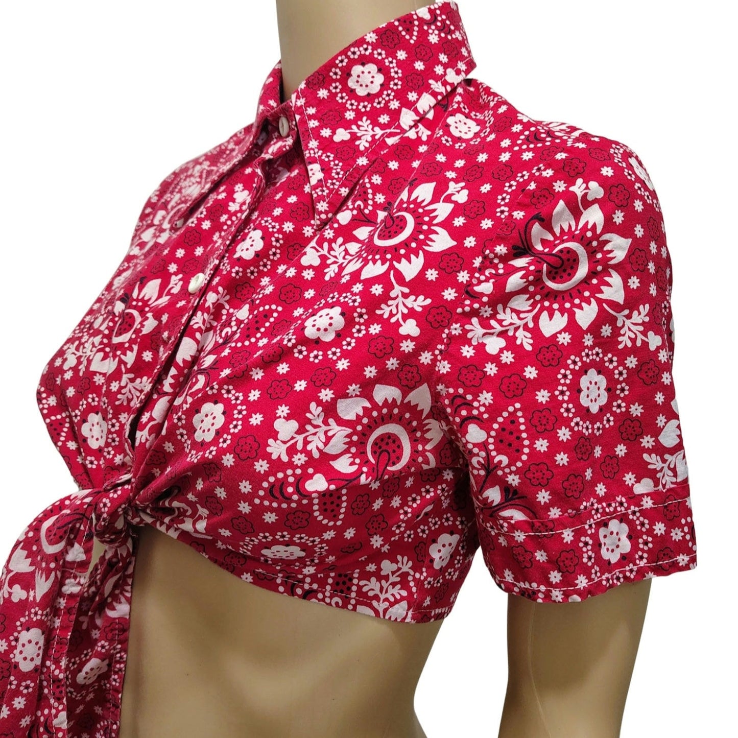 50s Red Cropped Bandana Kerchief Button Up Knot Tie Shirt Top Size 10 Juniors
