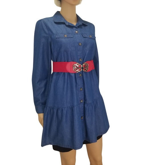 Derek Heart Blue Jean Tiered Button Up Shirt Shacket Size Medium