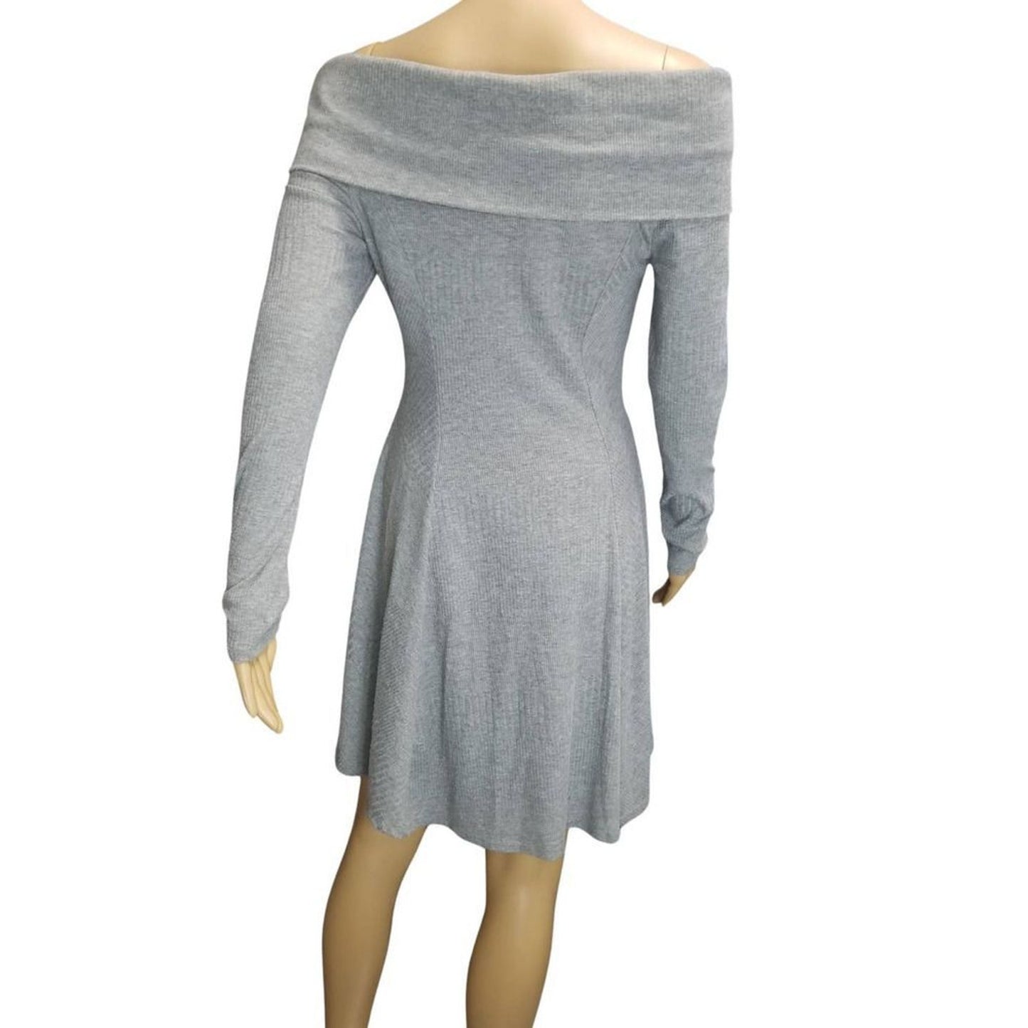 Gray Off The Shoulder Fit & Flare Long Sleeve Ribbed Knee High Dress Size Medium