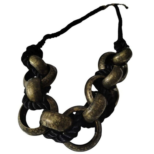 1980s Vintage Huge Intertwined Bronze Metal Rings Black Cord Statement Necklace