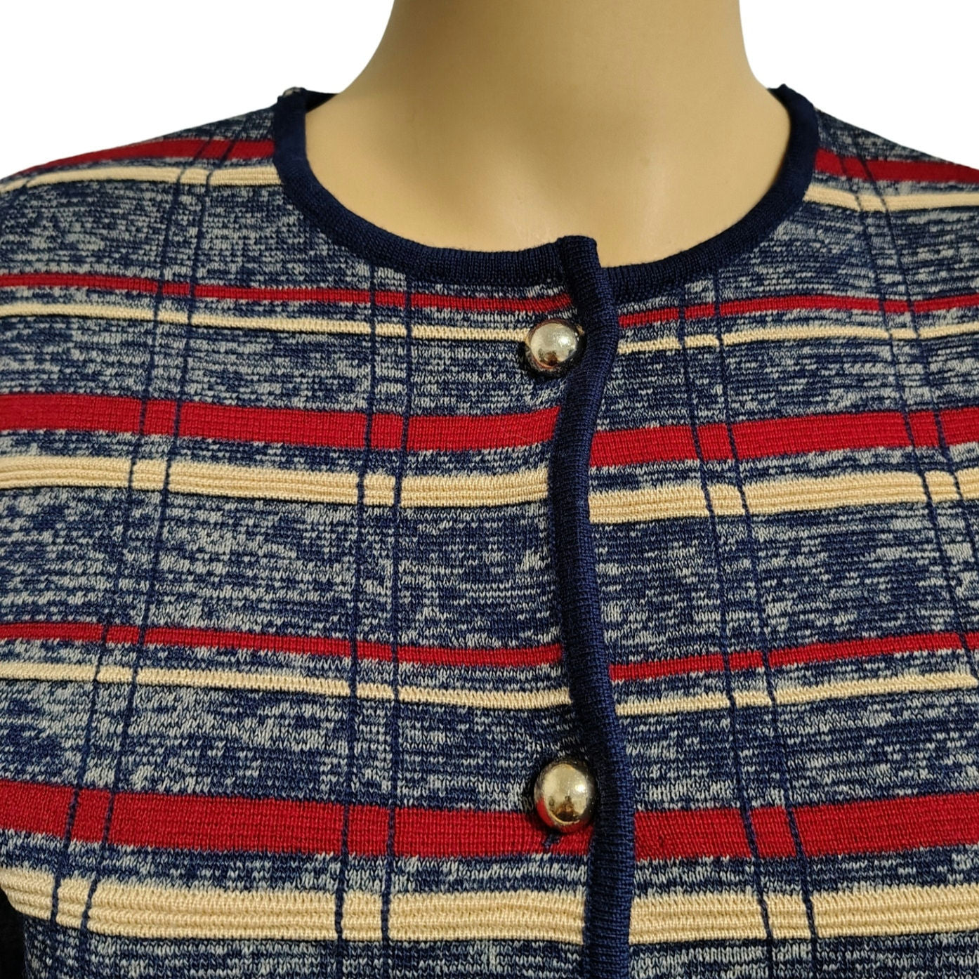 1960s Striped Blue Wool Button Up Cardigan Crewneck Long Sleeve Cardigan Size 12