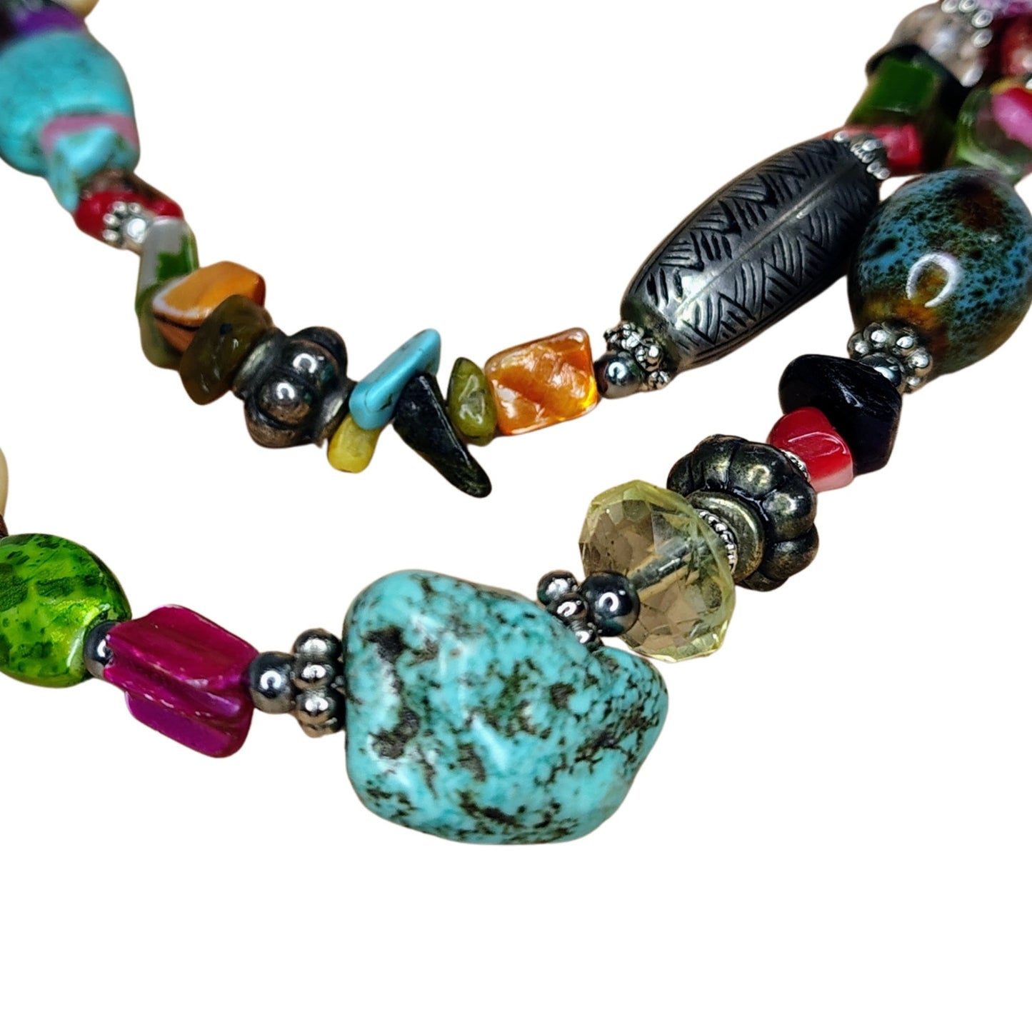 Bohemian Turquoise Rose Quartz Mix Semi-Precious Stones Double Strand Necklace
