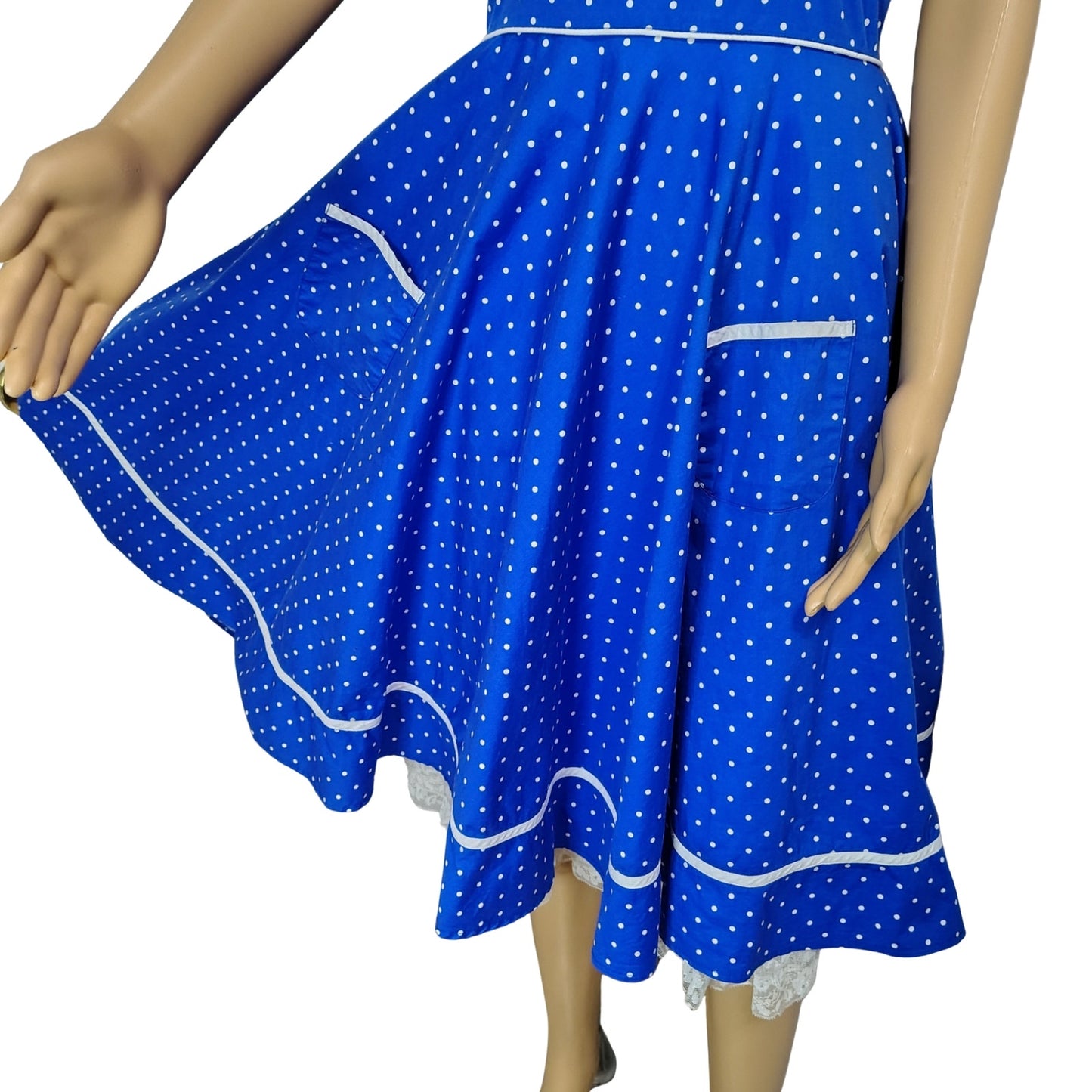 Hell Bunny Rockabilly Dress Blue White Halter Polka Dot Fit Flare Pinup Size Medium