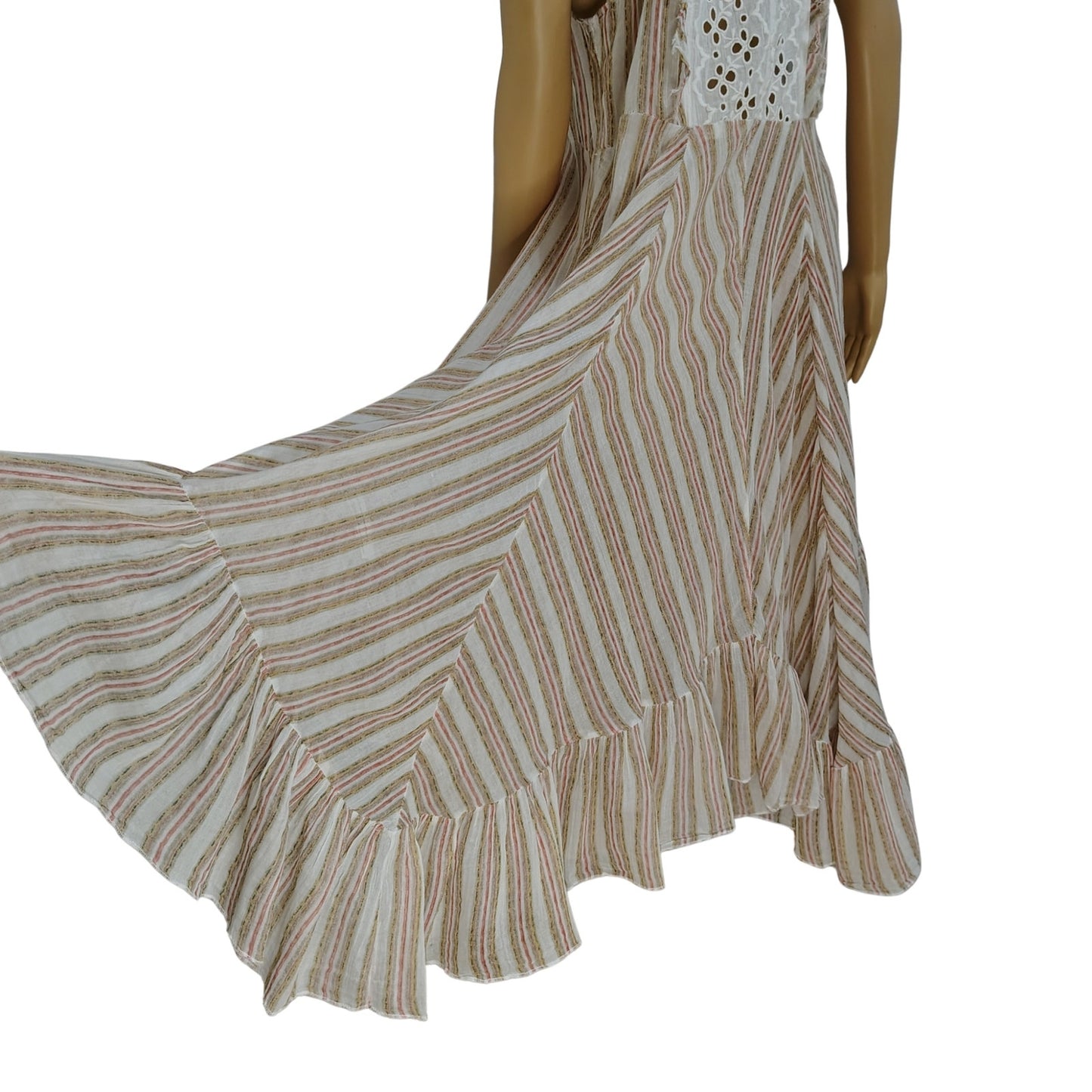 FP One Boho Brown White Flowy Caraway Stripe Sheer Uneven hem Long Dress Size Large