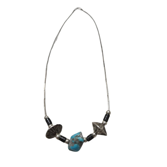 1970s Sterling Silver Liquid Beads Turquoise Stone Necklace