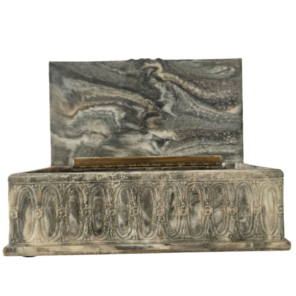 1975 Incolay Stone Handcrafted Carved Hinged Box Men In Pub Scene Trinket Box