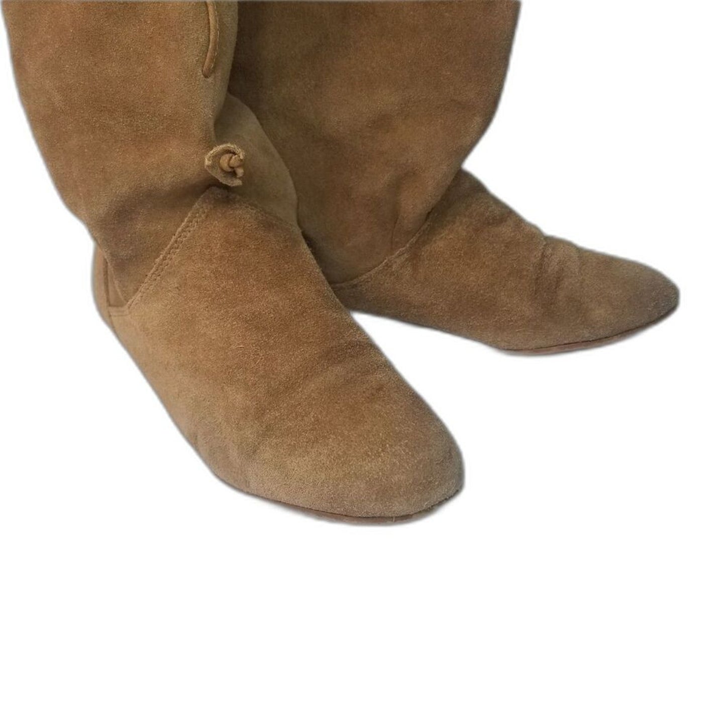1980s Vintage Brown Suede Folded Slide On Slouch Wide Leg Almond Toe Boots 7M