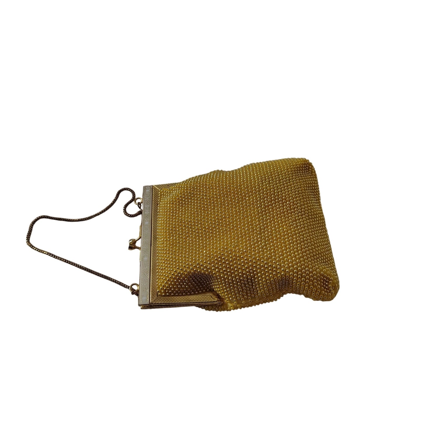 Vintage Yellow & Gold Tone Bubble Beaded Chain Handle Rectangle Evening Hand Bag