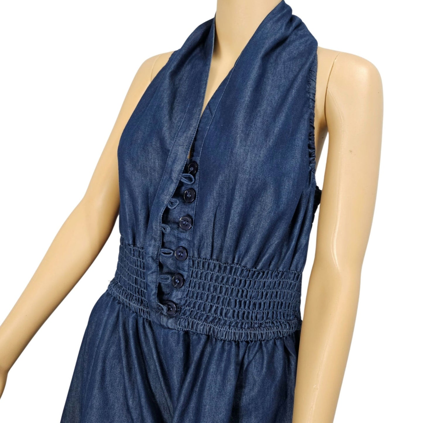 Jean Shirred Racerback Elephant Extra Wide Leg Blue Denim Romper V Neck Size XL