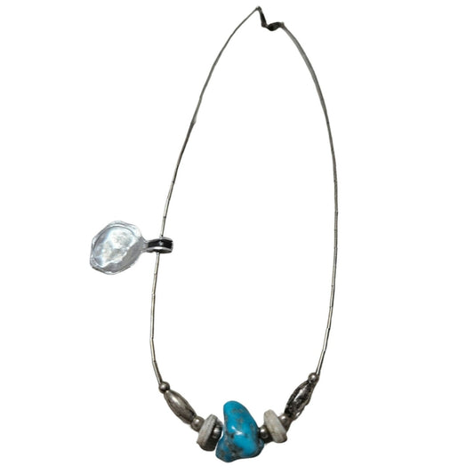 1970s Sterling Silver Liquid Shell Beads Uncut Turquoise Boho Bohemian Necklace